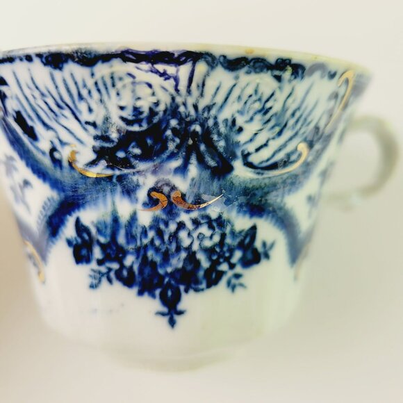Antique J&G Meakin York Flow Blue Teacup and Saucer Gilded Gold c.1890-1910 - Picture 3 of 14